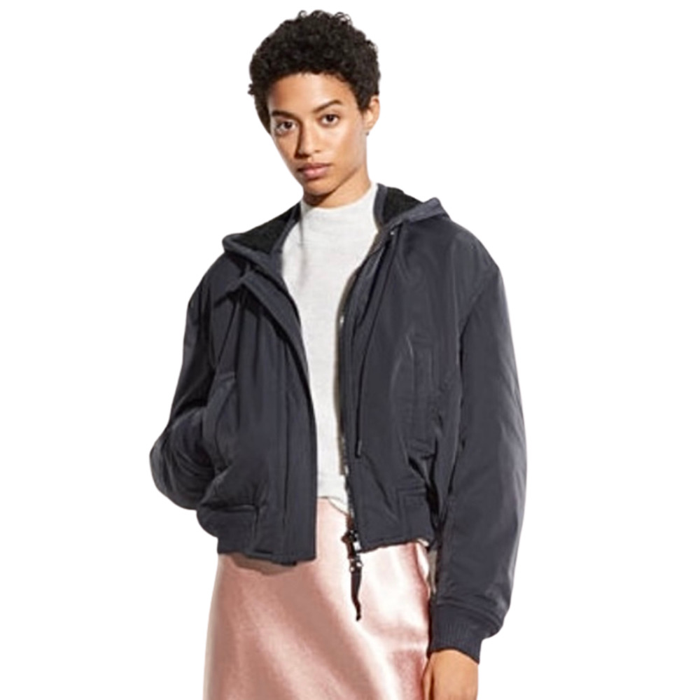 Vince Coat Soft Bomber Tech Jacket Wool Sherpa Hood Black XS